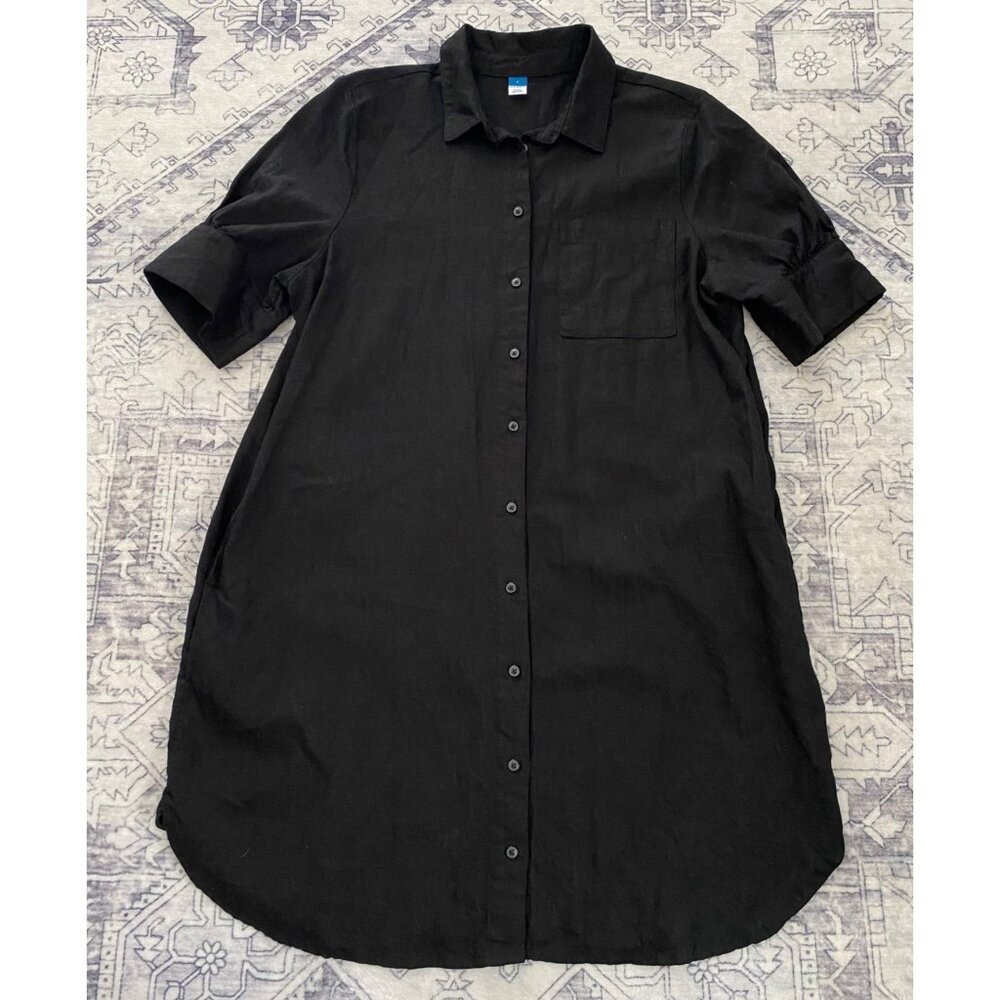 Old Navy Black Button Shirt Dress Large Womens Linen Blend Short Sleeves Pockets - Picture 1 of 6
